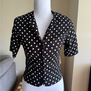 Vintage Lee Winter Black White Polka Dot Button Front Blouse Size 4